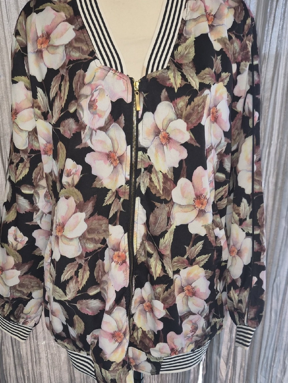 Solitaire Floral Zip-Front Bomber Jacket - Black, Pink & Cream